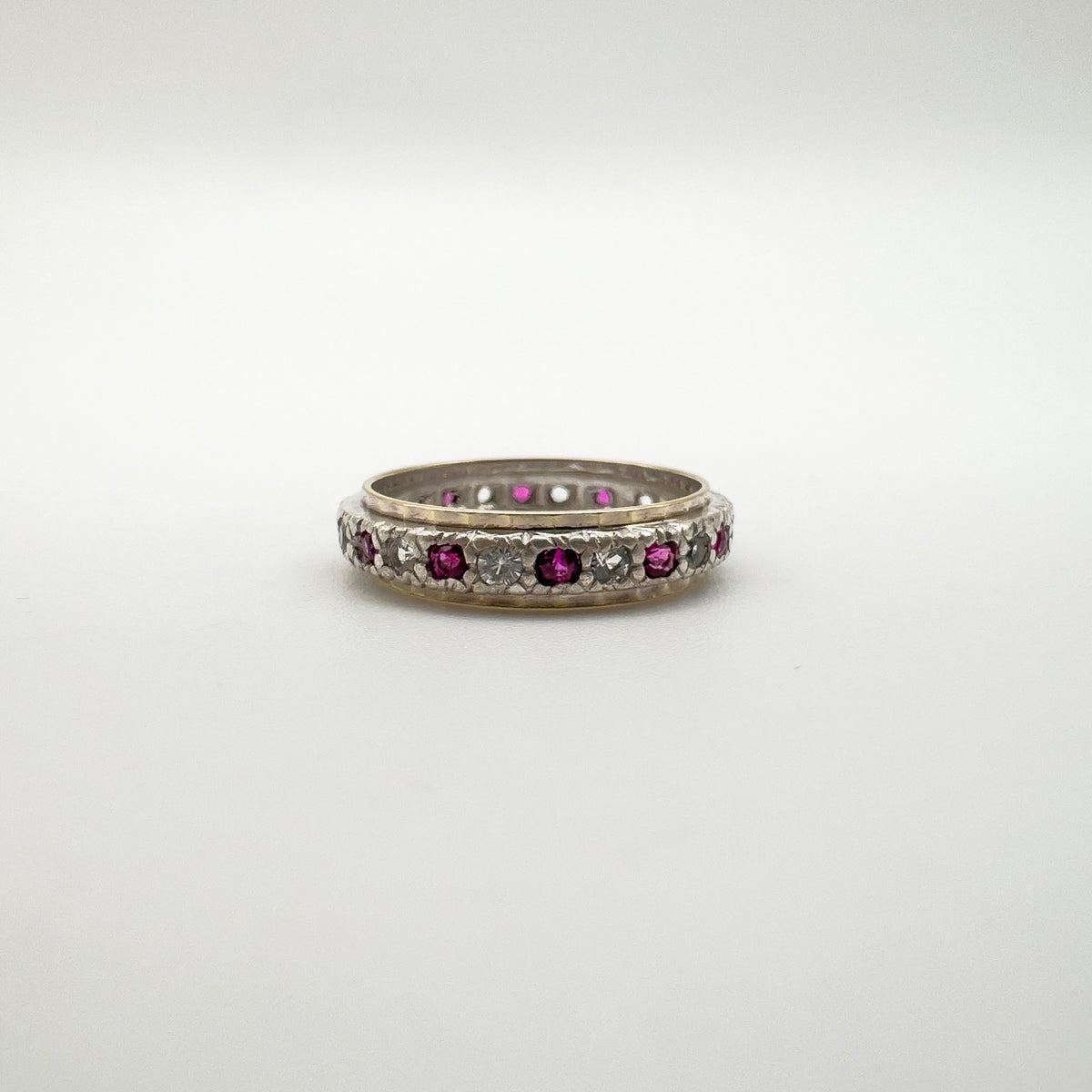 Vintage Pink & White Spinel Full Eternity Ring in 9ct Gold & Silver Size K - L