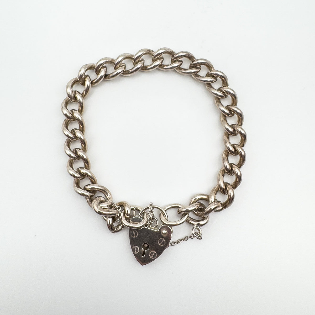 Vintage Curb Links Bracelet with Heart Padlock in Sterling Silver (London 1978)