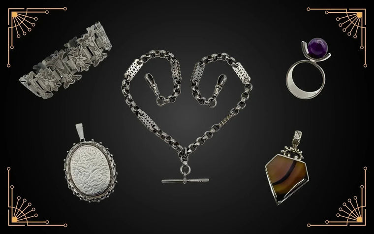 Vintage and antique sterling silver jewellery including Albert chains, bracelets, lockets and gemstone pendants