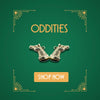 Gold horse head cufflinks from vintage oddities collection on green Art Deco background