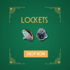 Oval silver lockets with engraved detailing displayed on green Art Deco background