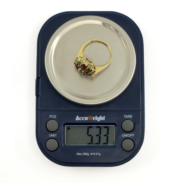 Vintage 18ct gold ruby emerald and diamond cluster ring weighing 5.33g on digital scales