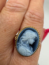 Vintage 9ct Gold Blue Agate Carved Cameo Ring Size Q 1/2 Hallmarked Birmingham