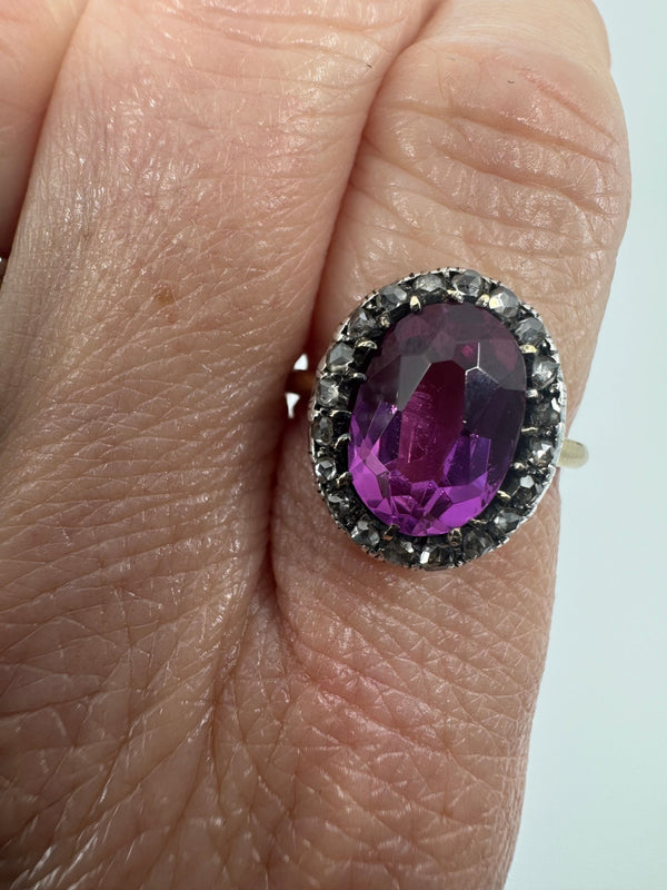 Art Deco 14ct Gold Synthetic Sapphire Diamond Ring Size O
