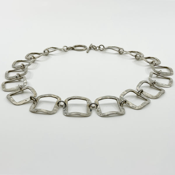 Vintage Sterling Silver Hammered Squares 17” Necklace / Chain & T-Bar Toggle 925