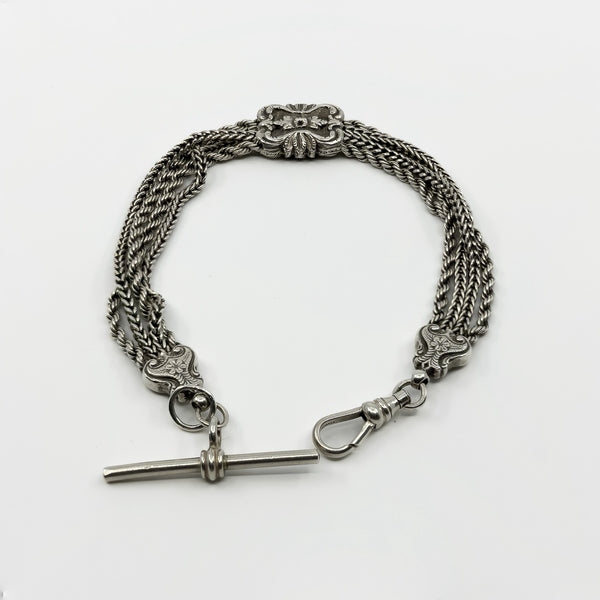 Antique Victorian Sterling Silver 8.5" Albertina Chain & T-Bar Pendant 925