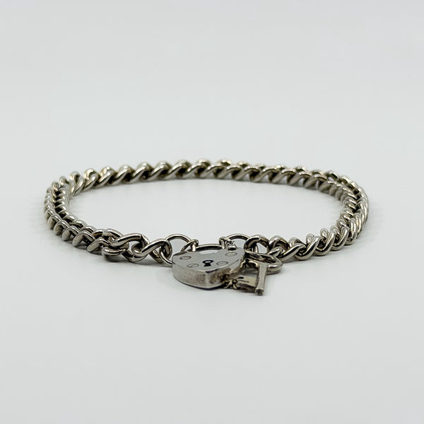 Vintage Sterling Silver Curb Links Bracelet with Heart Padlock & Key Charm 925