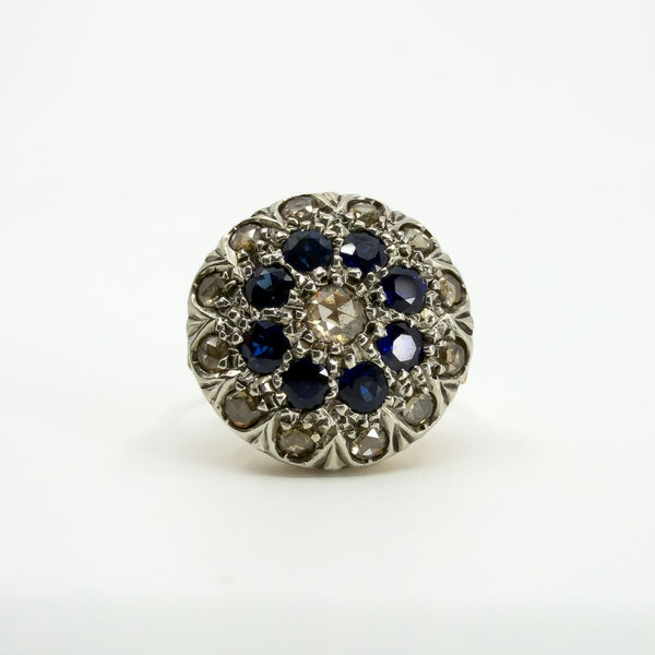 Antique Edwardian 14ct Gold Rose Cut Diamond & Sapphire Bombe Ring 585 Size O P