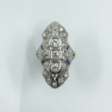 Antique / Art Deco Platinum Diamond & Sapphire Trilogy Navette Ring Size M