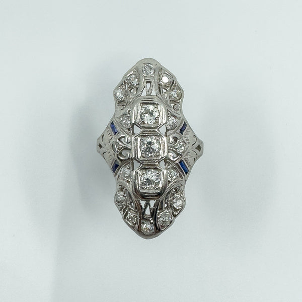 Antique / Art Deco Platinum Diamond & Sapphire Trilogy Navette Ring Size M