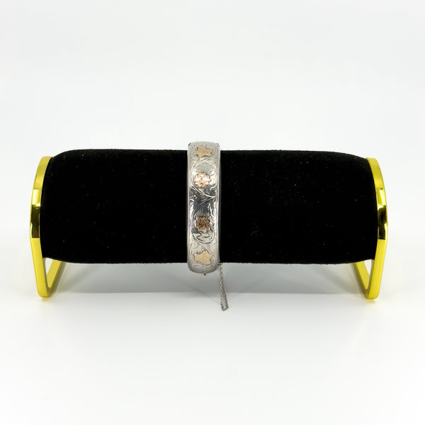Chunky Vintage Sterling Silver & Rose Gold Engraved Floral Bangle 925 Birm 1959