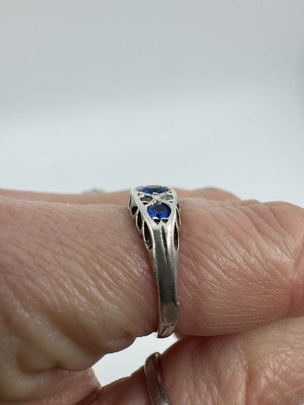 Vintage Sterling Silver Blue & White Paste Boat Ring 925 Size M - N