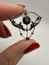 Vintage 9ct Gold 1ct Purple Amethyst & Pearl Lavalier Pendant Art Nouveau 375