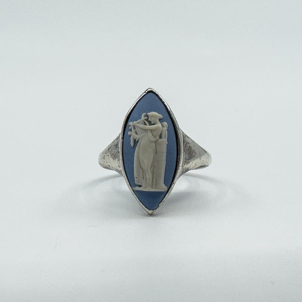 Vintage Sterling Silver Wedgewood Blue Jasper Ware Cameo Ring 925 Size K - L