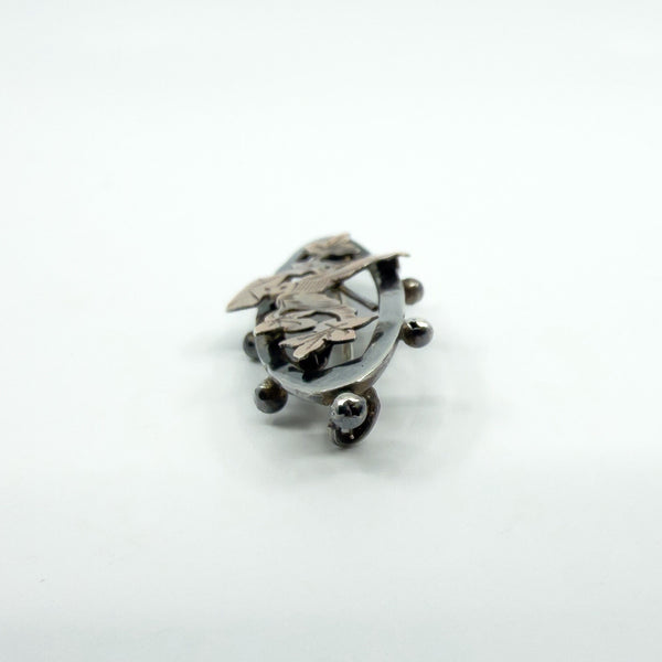 Antique Ewardian Sterling Silver & Rose Gold Swallow Ivy Love Letter Brooch 925