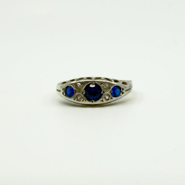 Vintage Sterling Silver Blue & White Paste Boat Ring 925 Size M - N