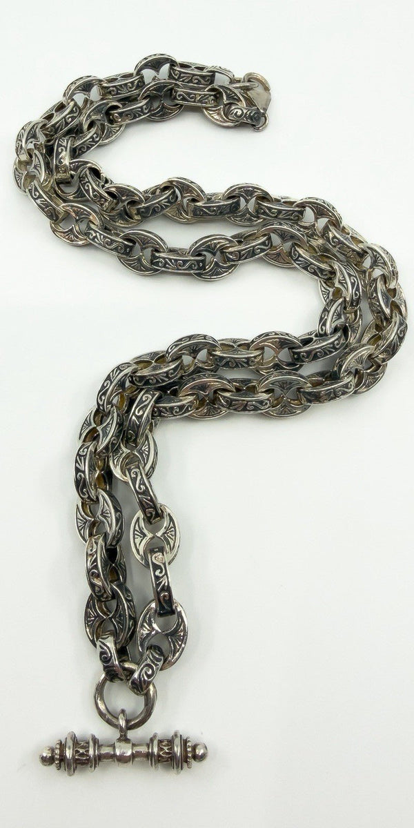 Vintage Sterling Silver Chunky Fancy Link Engraved 25” Chain & T-Bar 925 135g