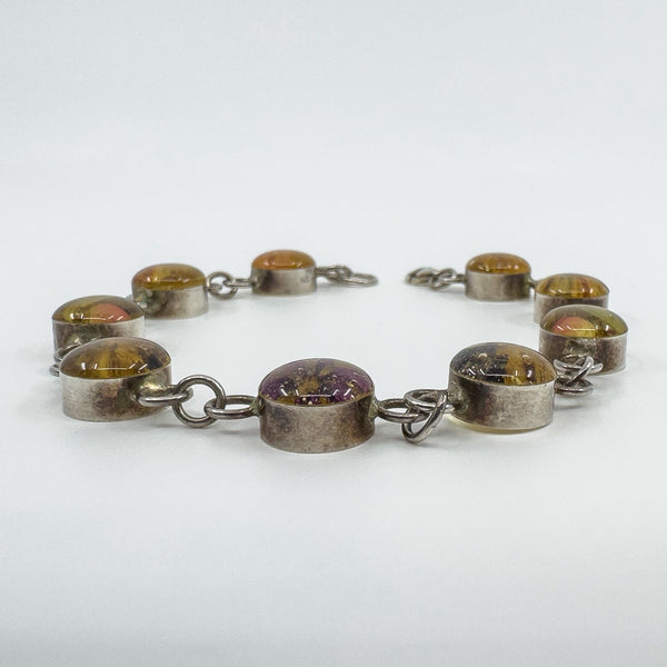 Sterling Silver Floral Resin Dried Flowers Links Bracelet 925