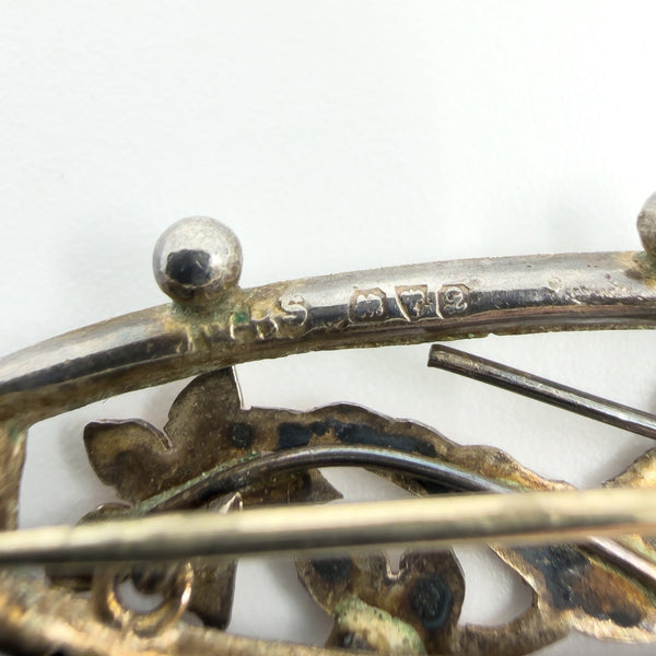 Antique Ewardian Sterling Silver & Rose Gold Swallow Ivy Love Letter Brooch 925