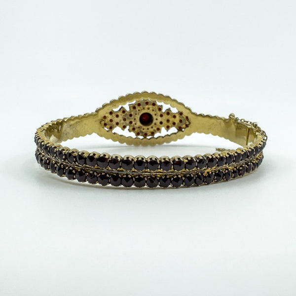 Large Antique Silver Gilt Bohemian Rose Cut Garnet Hinged Bangle / Bracelet 900