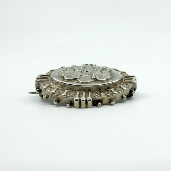 Antique Victorian Sterling Silver Aesthetic Roses Engraved Brooch 925