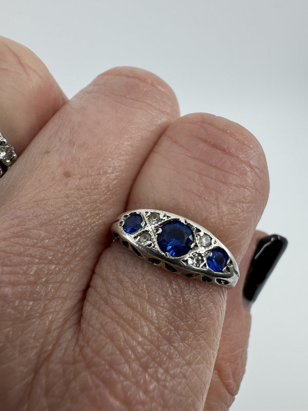 Vintage Sterling Silver Blue & White Paste Boat Ring 925 Size M - N