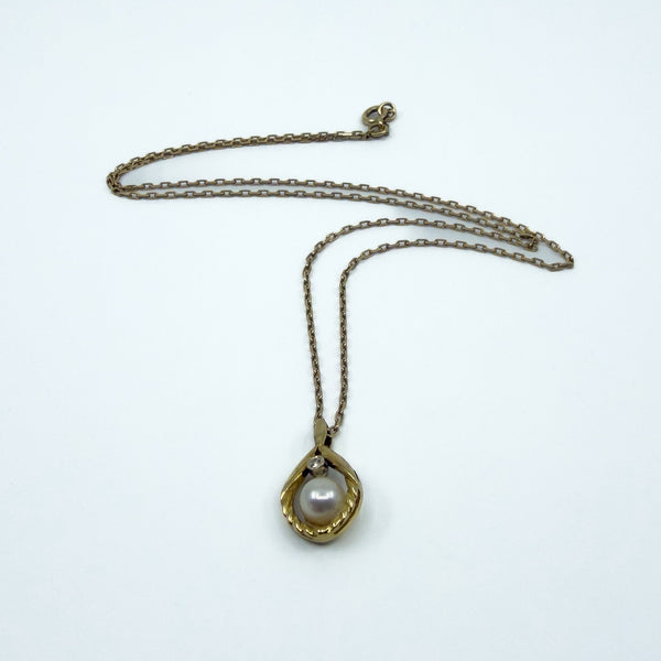 Vintage 9ct Gold 6mm Pearl & Diamond Pendant & 18” Chain Necklace 375 (1980)