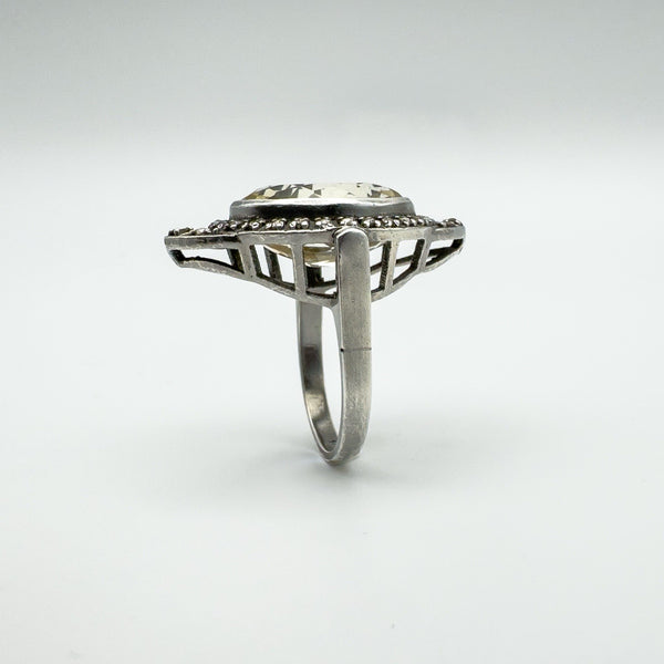 12ct Citrine & Diamond Navette Cocktail Ring in Sterling Silver 925 Size M - N