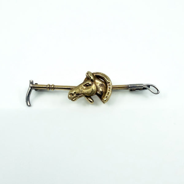 Vintage 9ct Gold Riding Crop Lucky Horseshoe Horse Bar Brooch 375