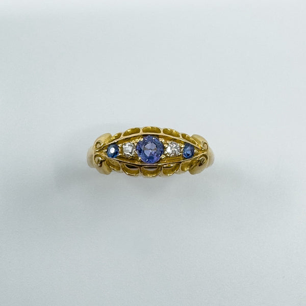Antique 18ct Gold Diamond & Sapphire Boat Ring 750 Size M - N
