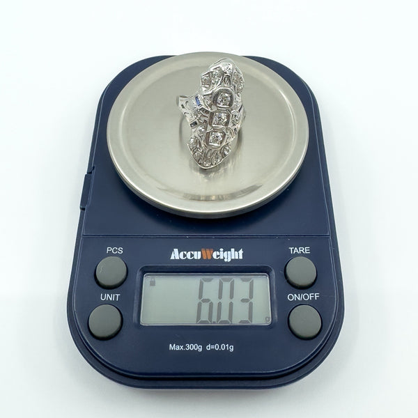 Antique / Art Deco Platinum Diamond & Sapphire Trilogy Navette Ring Size M