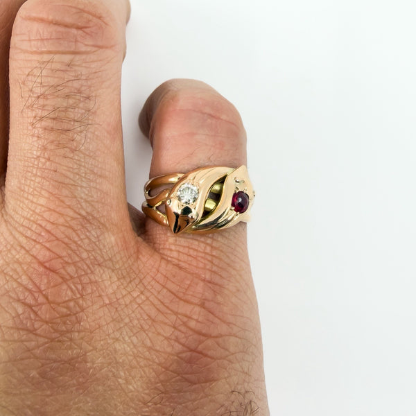 Antique 9ct Rose Gold Double Snake Diamond & Garnet Ring Size U (Chester 1909)