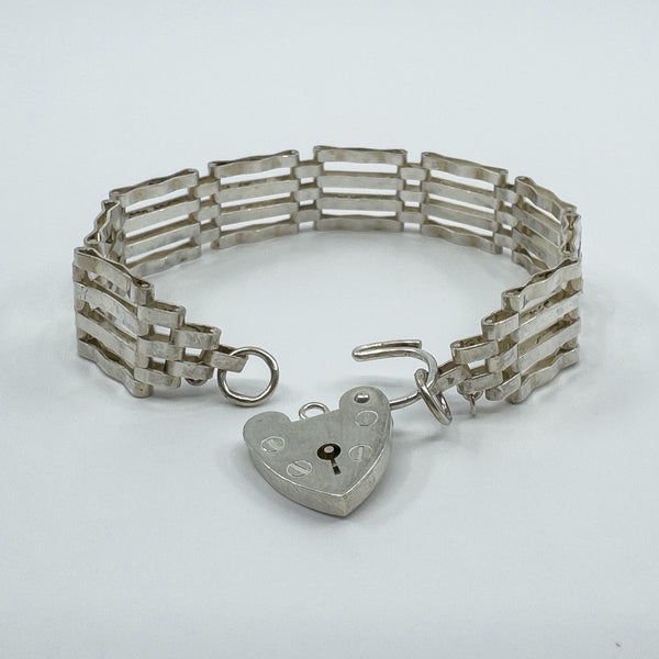 Vintage Sterling Silver 4 Bar Gate 7” Bracelet & Heart Padlock 925 (London 1978)