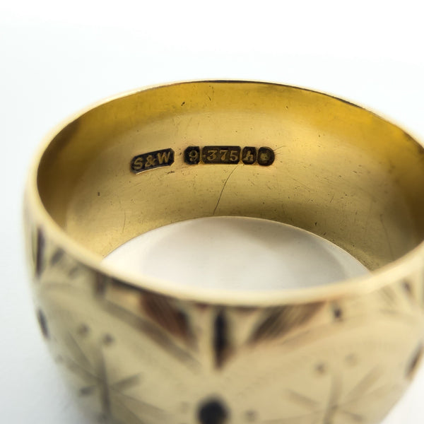 Wide Chunky Vintage 9ct Gold Starry Engraved Full Band Ring 375 Size L 1963