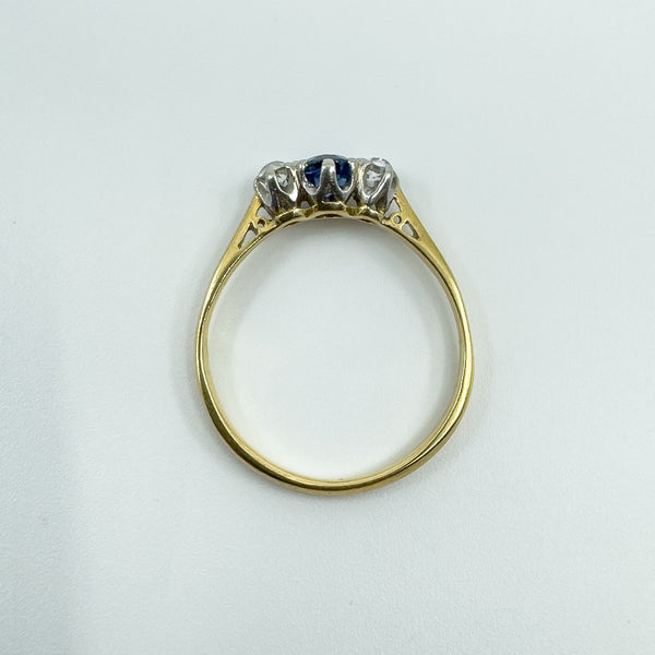 Antique 18ct Gold Sapphire & Old Cut Diamond Trilogy Ring 750 Size P