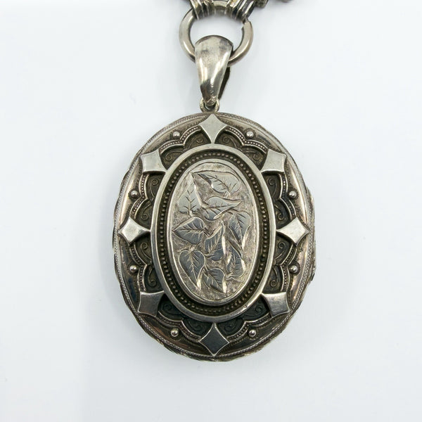 Large Antique Victorian Sterling Silver Reversible Locket & 18.5" Book Chain 925