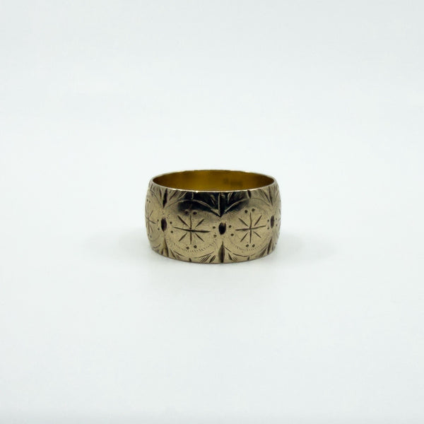 Wide Chunky Vintage 9ct Gold Starry Engraved Full Band Ring 375 Size L 1963