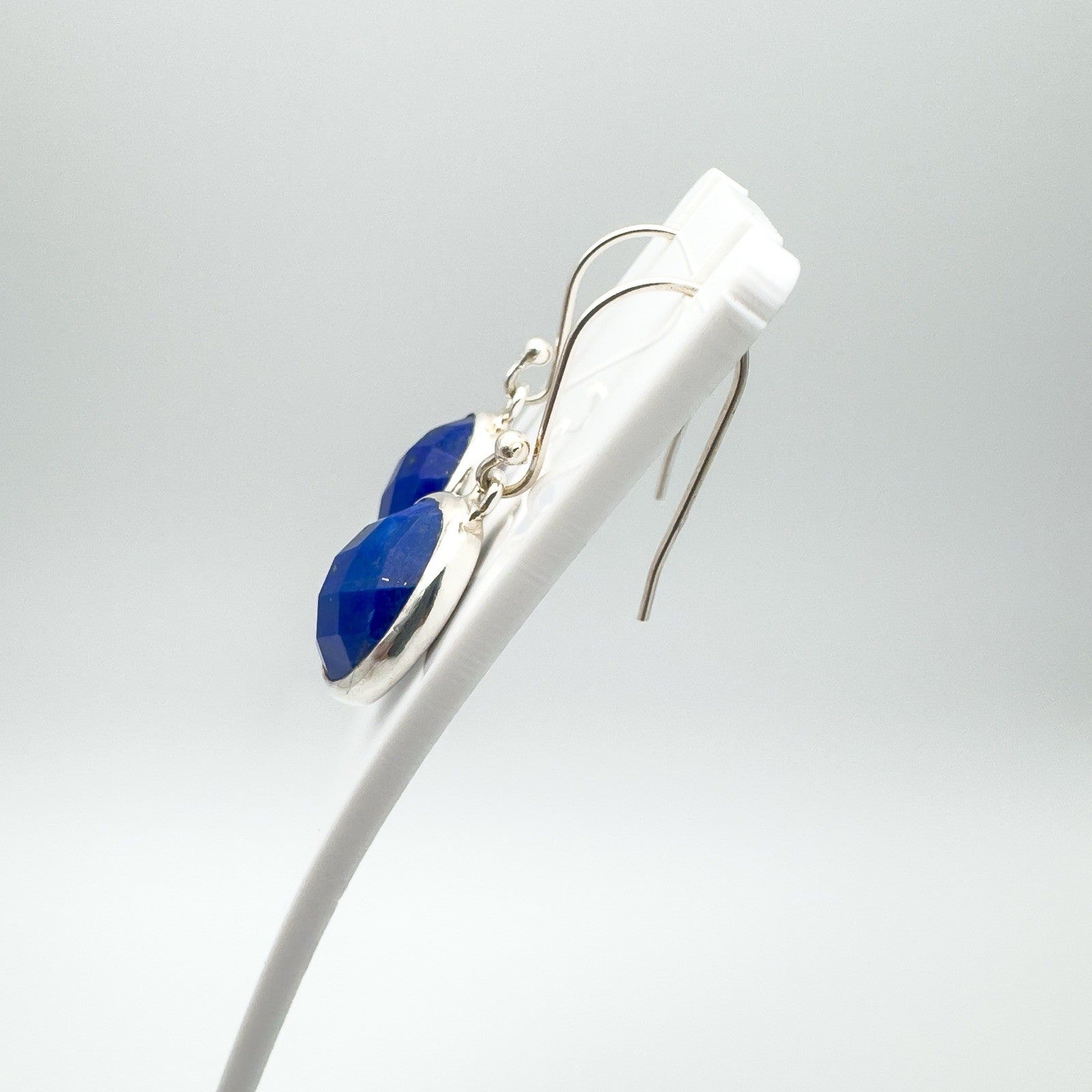 Chunky Lapis Lazuli Oval Drop Earrings on Shepherd Hooks in Sterling Silver 925