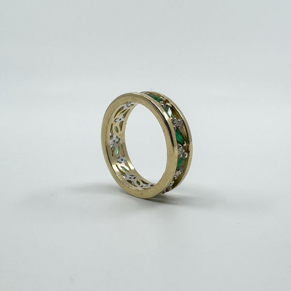 Chunky Vintage 9ct Gold Diamond & Emerald Full Eternity Band Ring 375 Size Q - R