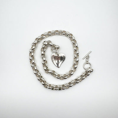 Chunky Double Heart Charm 18” Rolo Links Chain in Sterling Silver 59g