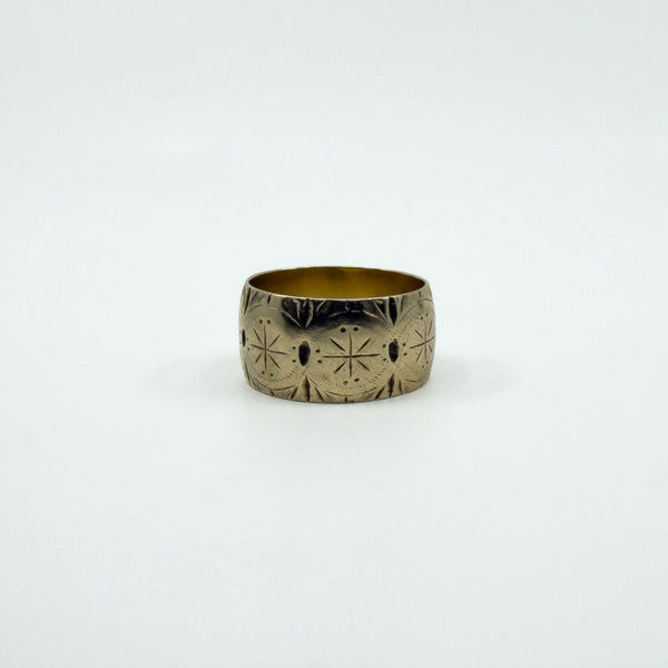 Wide Chunky Vintage 9ct Gold Starry Engraved Full Band Ring 375 Size L 1963