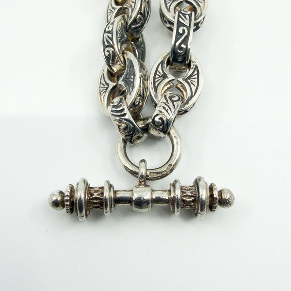 Vintage Sterling Silver Chunky Fancy Link Engraved 25” Chain & T-Bar 925 135g