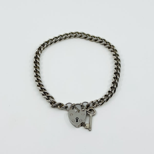 Vintage Sterling Silver Curb Links Bracelet with Heart Padlock & Key Charm 925