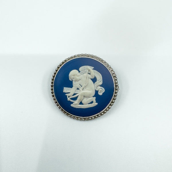 Vintage Sterling Silver Wedgewood Cupid Cherub Blue Jasper Ware Cameo Brooch 925