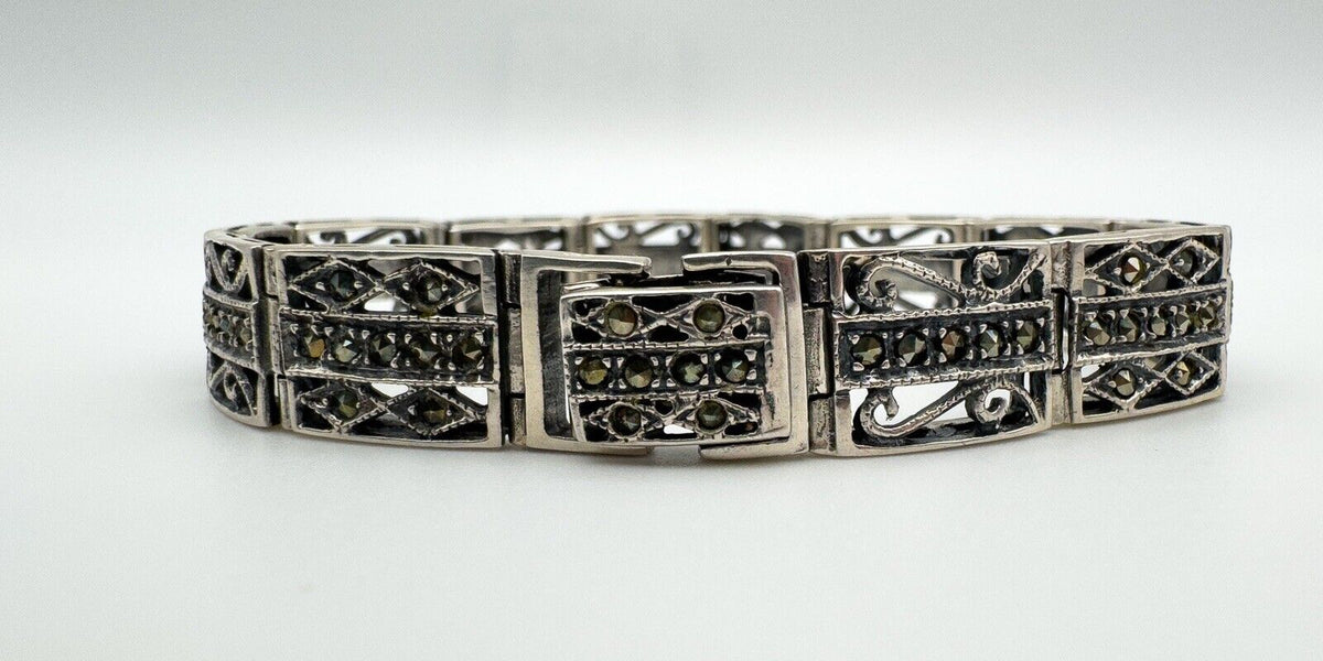 Vintage Marcasite 7” Bracelet in Sterling Silver 925 Heavy 24g Art Deco Style