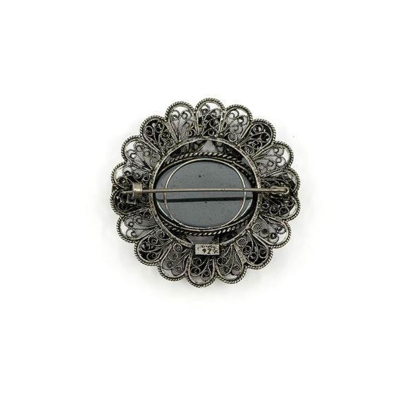 Large Vintage Sterling Silver Filigree Hematite Brooch 925