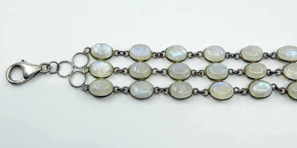 Vintage Sterling Silver 3x Row Moonstone 8.5" Bracelet 925