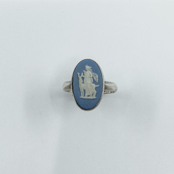 Vintage Sterling Silver Wedgewood Blue Jasper Ware Cameo Ring 925 Size J - K
