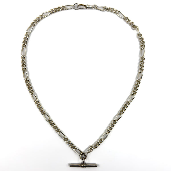 Vintage Sterling Silver 18” Figaro Chain Dog Clip & T-Bar Pendant 925