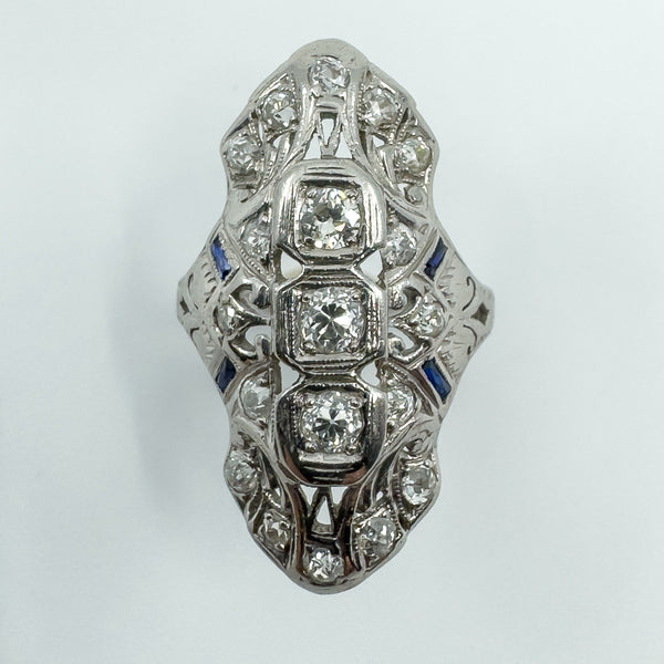 Antique / Art Deco Platinum Diamond & Sapphire Trilogy Navette Ring Size M